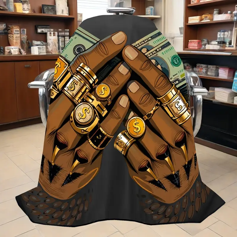 Luxury Salon Cape with Golden Rings & Dollar Bills Design - Elegant Black Background Hairdressing Wrap for Professional Stylists, Easy-Clean Barber Decor, Premium Fabric