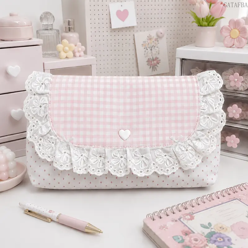 1Pc Pink Plaid Lace Storage Pouch - Compact Multi-Functional Flip-Cover Organizer with Soft Fabric & Exquisite Lace Edges, Ideal for Coins, Cards, Notes, Pens & Small Items, Great for School & Travel