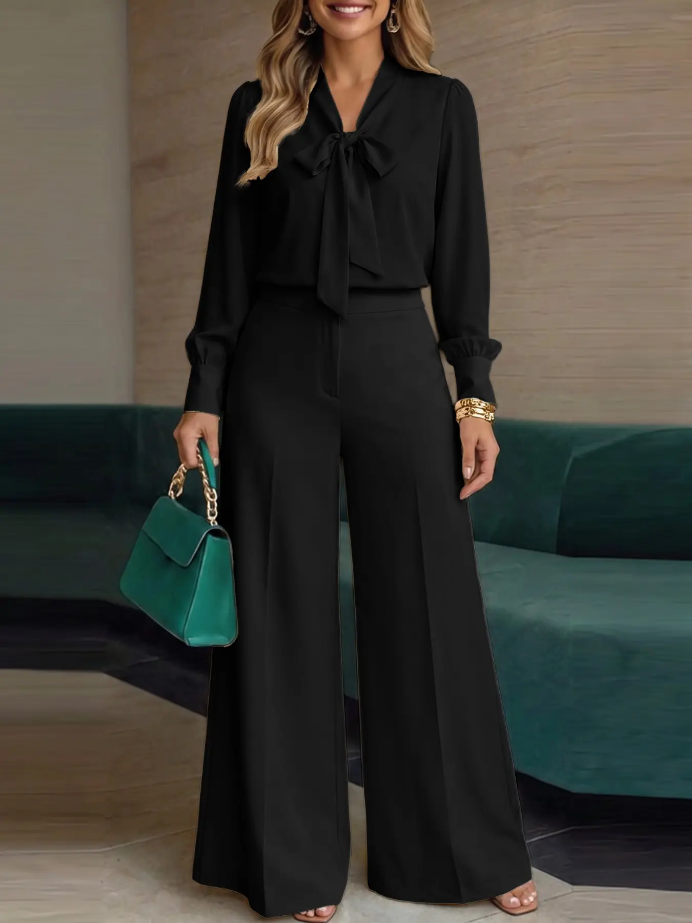 ZANZEA Women's V-Neck Long Sleeve Blouse and Zipper Wide Leg Pants Set, Business Style Two-Piece, Loose-Fitting, All Seasons