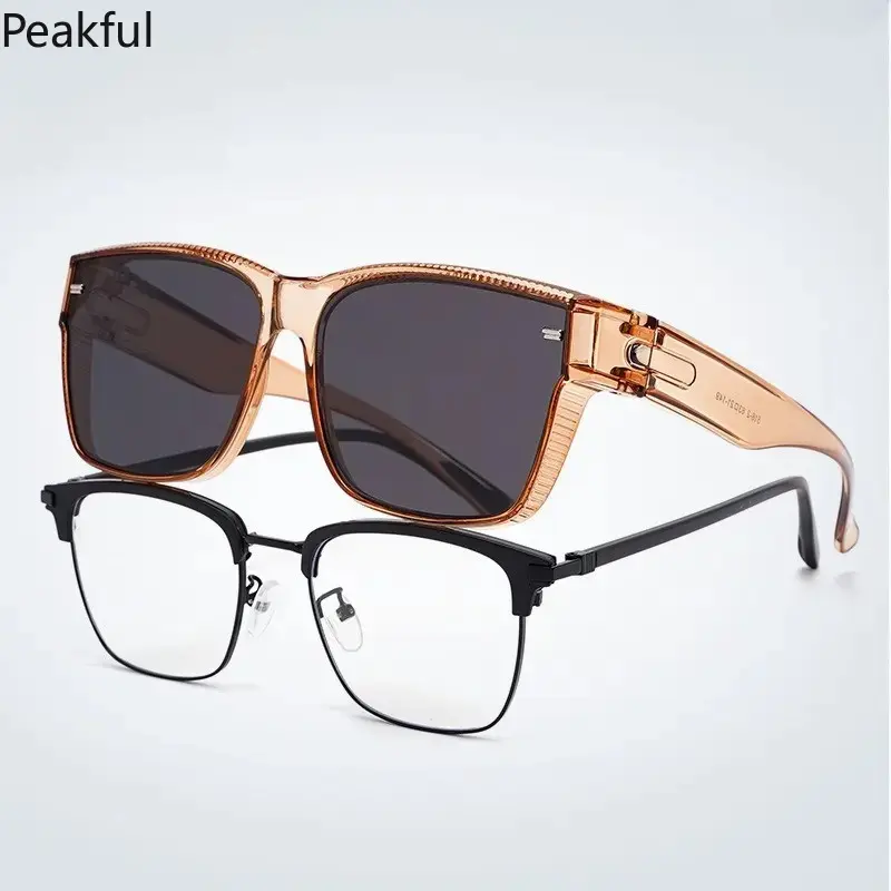 Square Flip-Up Sunglasses over Prescription Glasses, UV400 Polarized Clip-On for Men Women, Anti-Glare Casual Shades for Driving, Hiking, Fishing & Travel