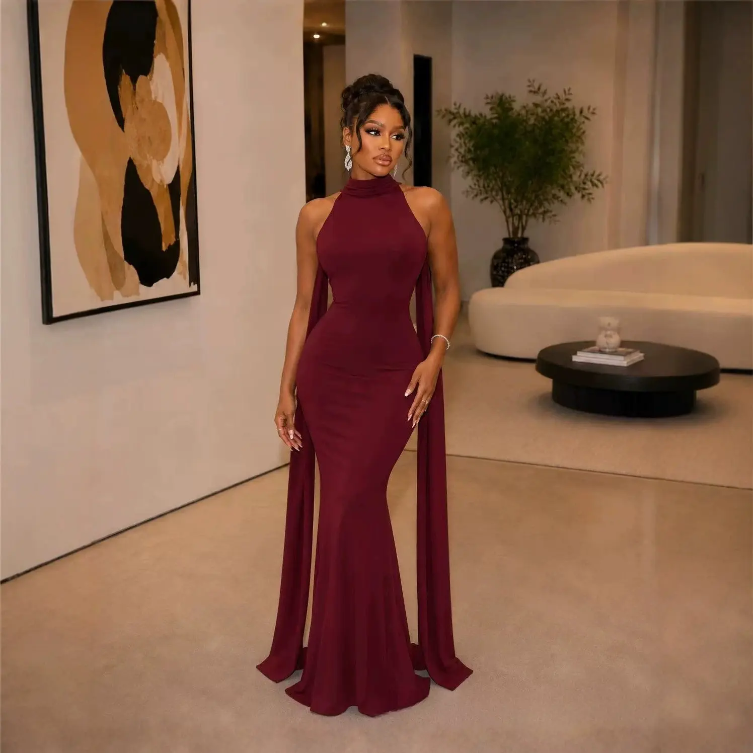 Plus Size Halter Mermaid Evening Dress Sleeveless Bodycon Long Formal Party Gown With Ribbon