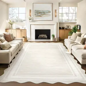 Scalloped Area Rug for Living Room - Low Pile, Washable, Non-Slip Rubber Backing - Modern Neutral Carpet, Soft Minimalist Floor Mat