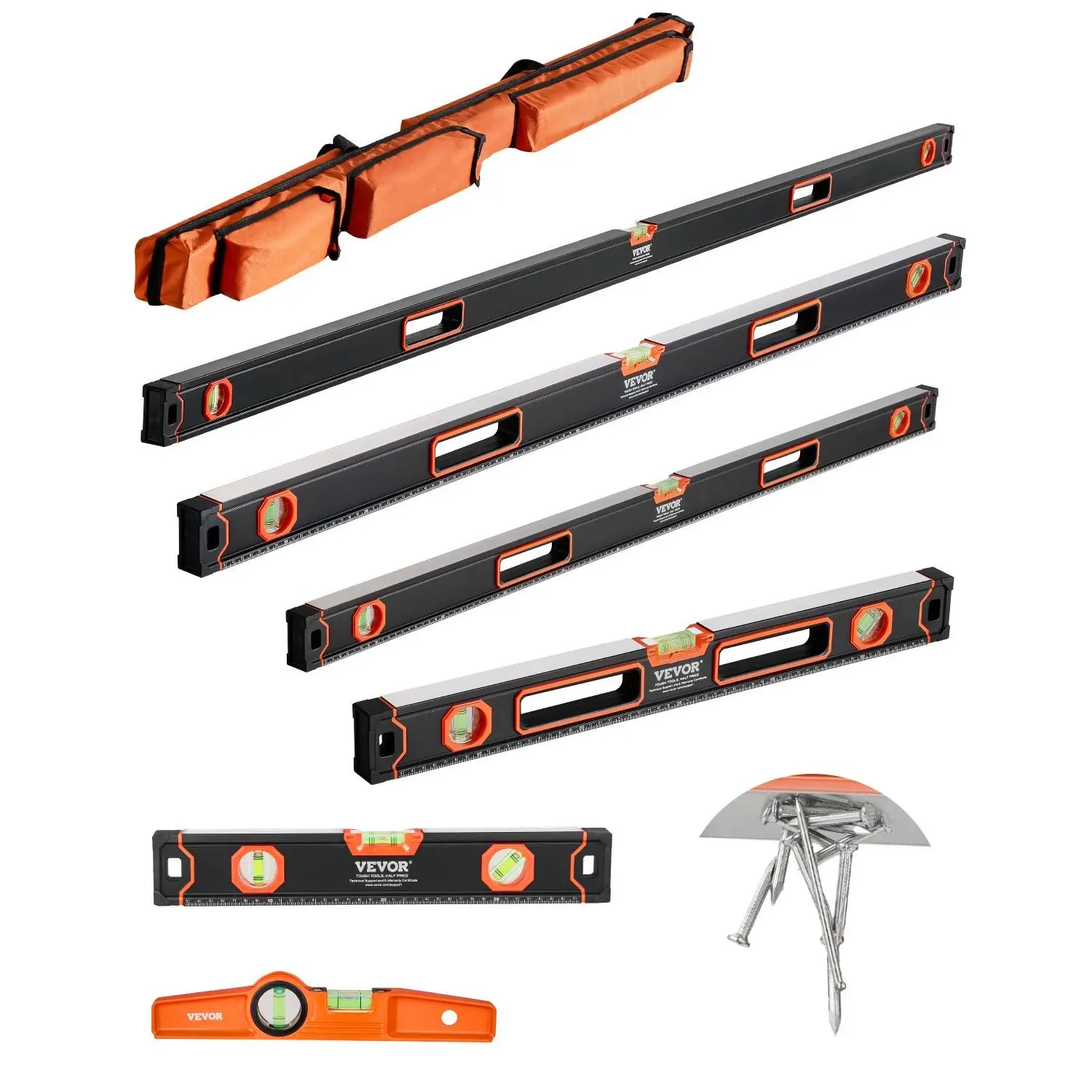 【DealsForYouDays】VEVOR 6-Piece Torpedo Level, 78/48/32/24/16/10 Inch All Magnetic Levels Set, Bubble Vials Ruler for 45/90/180 Degree, Aluminum Alloy Magnetic Box Leveler Tool, Shock-Resistance, SAE and Metric Scale