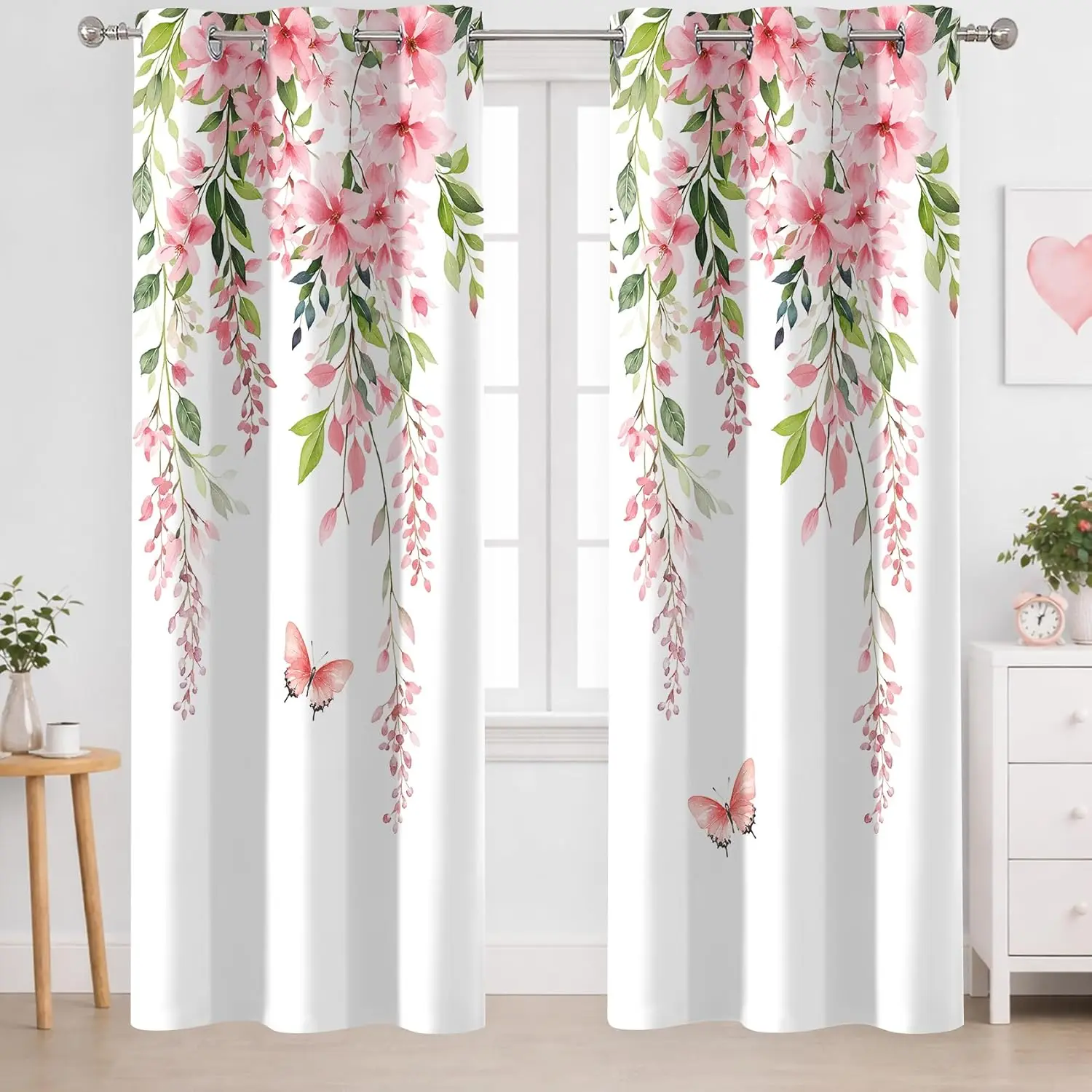 Pink Floral Butterfly Grommet Blackout Curtains, 2-Panel Polyester Set (42x84"), Nature-Inspired Wisteria & Green Leaf Design for Bedroom/Living Room Dorm Decor
