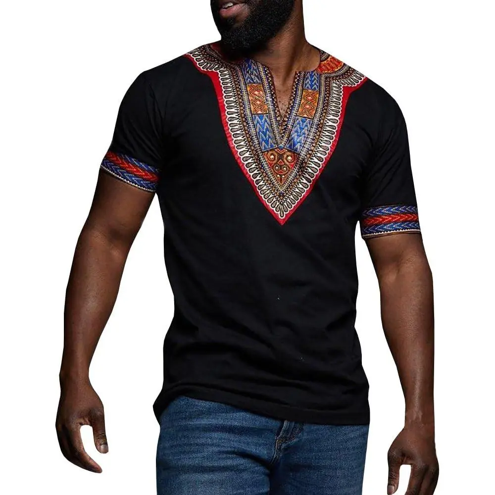 Makkrom Mens African Dashiki T Shirt Tribal Floral Print V Neck Slim Fit Shirts Tops