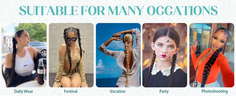 TwiceBeauty 32inch Long Braided Ponytail Extension with Hair Tie Yaki Straight Synthetic Hair Piece for Women Girls Party Daily Use Natural Soft Black