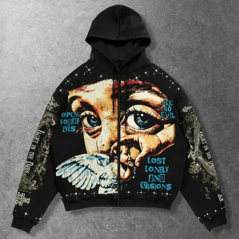 Men's Vintage Angel Portrait Full Print Cropped Zip Up Hooded Jacket, Casual Graphic Streetwear, Gothic Grunge Y2K Hip Hop Streetwear Casual Oversized Hoodie, Large Retro Eye And Angel Artwork On Front, Eagle Print Along Both Sleeves