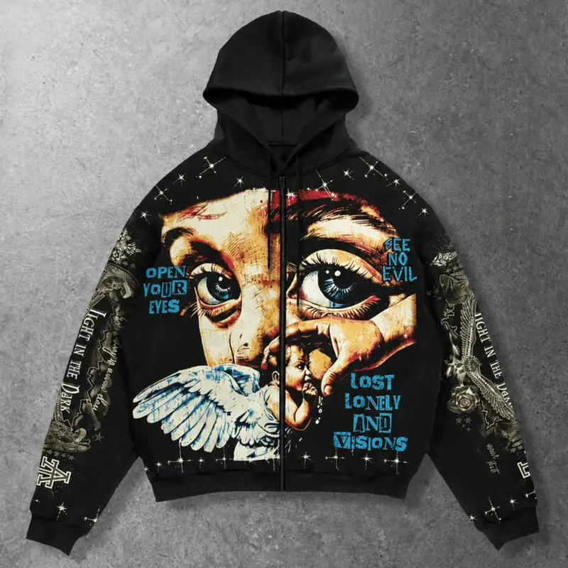 Men's Vintage Angel Portrait Full Print Cropped Zip Up Hooded Jacket, Casual Graphic Streetwear, Gothic Grunge Y2K Hip Hop Streetwear Casual Oversized Hoodie, Large Retro Eye And Angel Artwork On Front, Eagle Print Along Both Sleeves