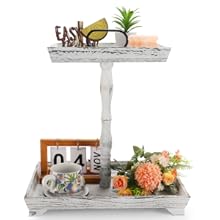 2 Tiered Stand With Metal Handle - Farmhouse Wooden Rustic Square Serving Tray for Home Kitchen Decor, Coffee Table (Distressed White)