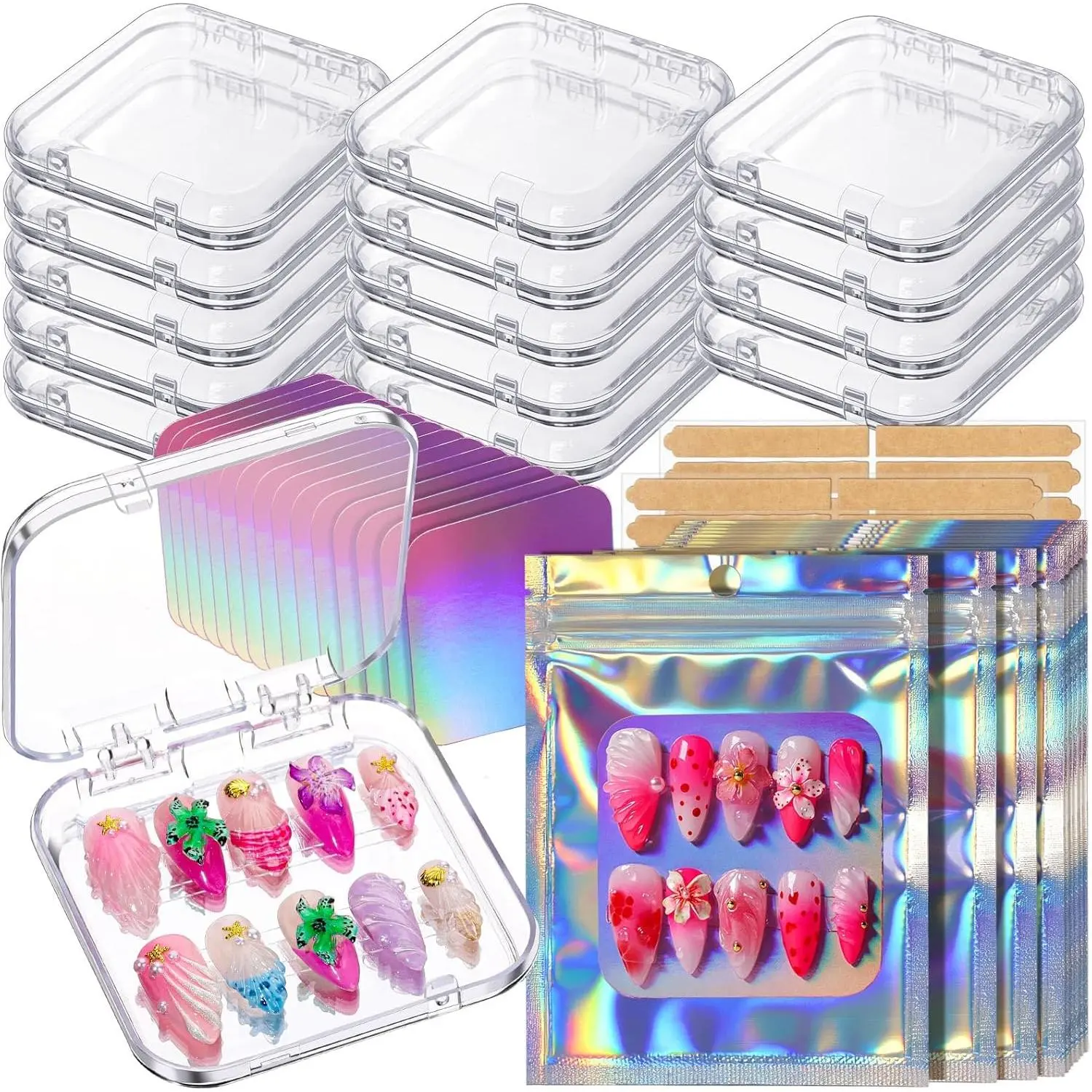 Press on Nail Storage Box, Press on Nail Packaging with 15 Pcs Acrylic Nail Display Case, 15 Sets Holographic Bags & Cards 60 Pcs Double Sided Tape, Press on Kit for Small Business Nail Salon