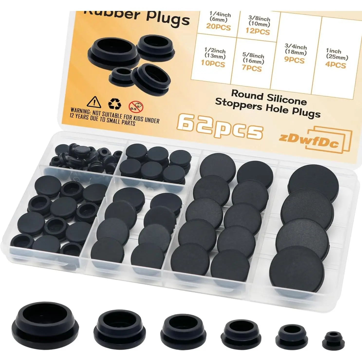 Women's Blouses & Shirts Accessory 62PCS 6-Size Black Rubber & Silicone Round Hole Snap Locking Plugs (1in, 3/4in, 5/8in, 1/2in, 3/8in, 1/4in) for Furniture DD036-b