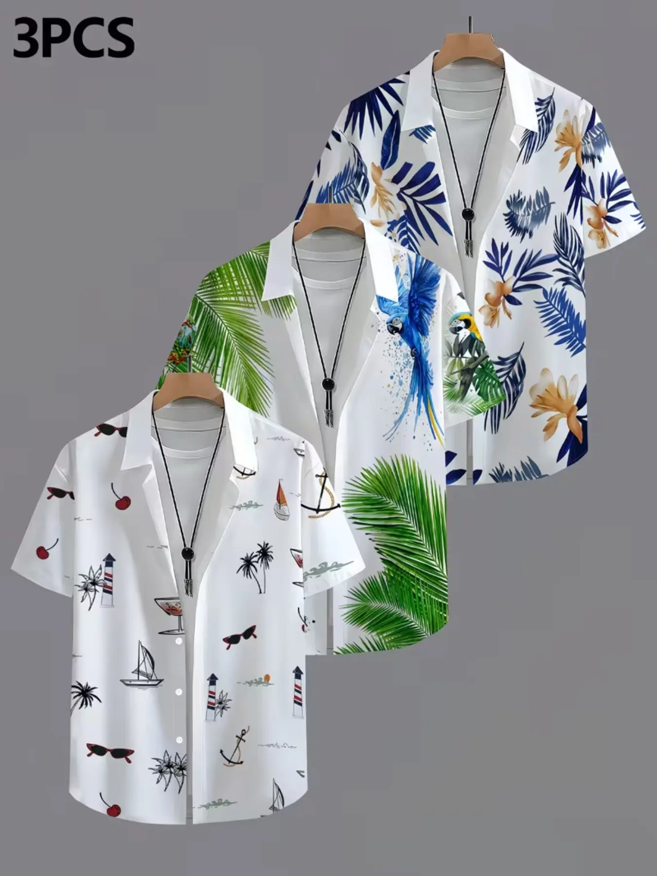 3-Pack Men's Casual Hawaiian Style Shirts, Summer Beach Short Sleeve Tops, All-Over Print, Fitted H-Type, All Seasons