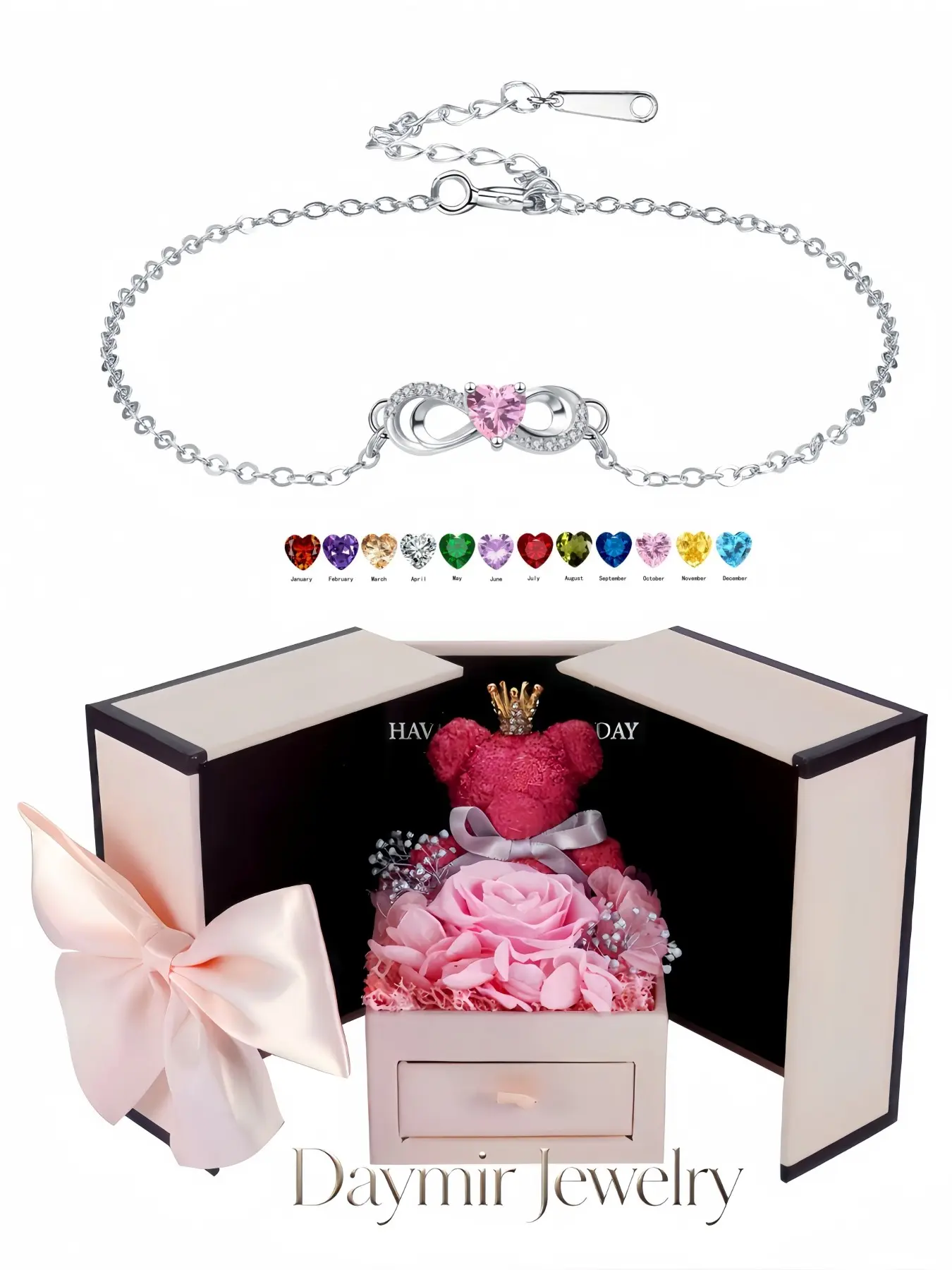 Everlasting Single Heart Adjustable Bracelet, elegant birthstone infinity jewelry that flatters skin tone. Packaged in preserved rose bear gift box, a thoughtful surprise gift for birthdays, Valentine’s Day, Mother’s Day and Christmas.