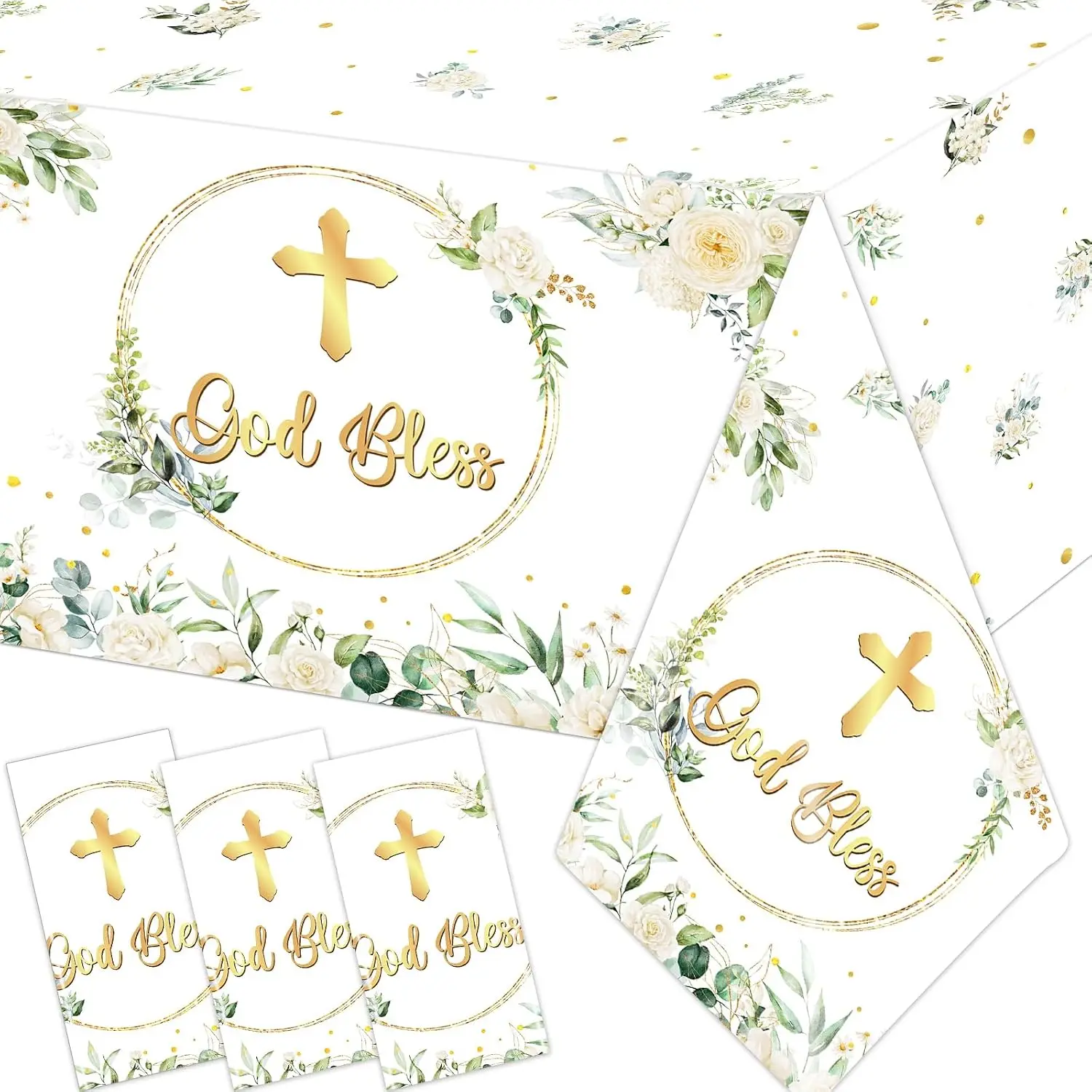 3Pcs God Bless Baptism Tablecloth First Communion Tablecloth Mi Bautizo Christening Table Covers Cross Religious Table Cloth for Newborn Shower Christening Party Supplies