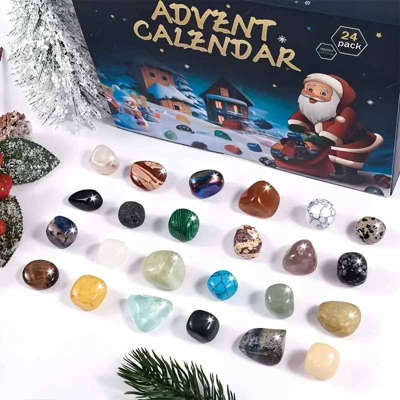 24pcs Natural Crystal Advent Calendar, Daily Surprise Quartz Stones, Christmas Countdown Gift, Party Supplies, Holiday Luck Stone Set