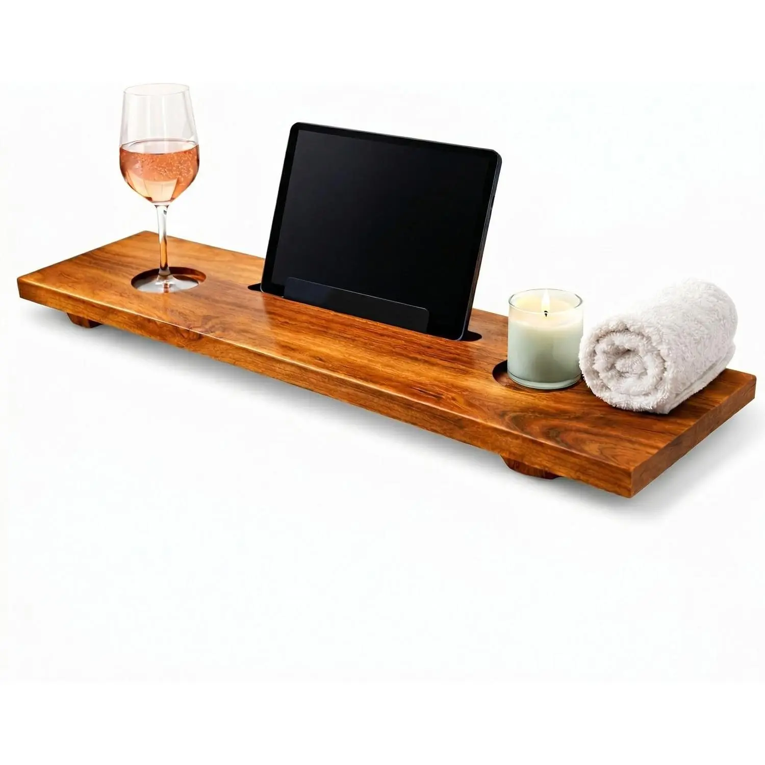 40 in Solid Teak Wood Bathtub Tray - Water-Resistant Bathroom Caddy Tray with Tablet Holder, Wine Glass Holder, Premium Spa Supplies, Ideal Christmas Gift