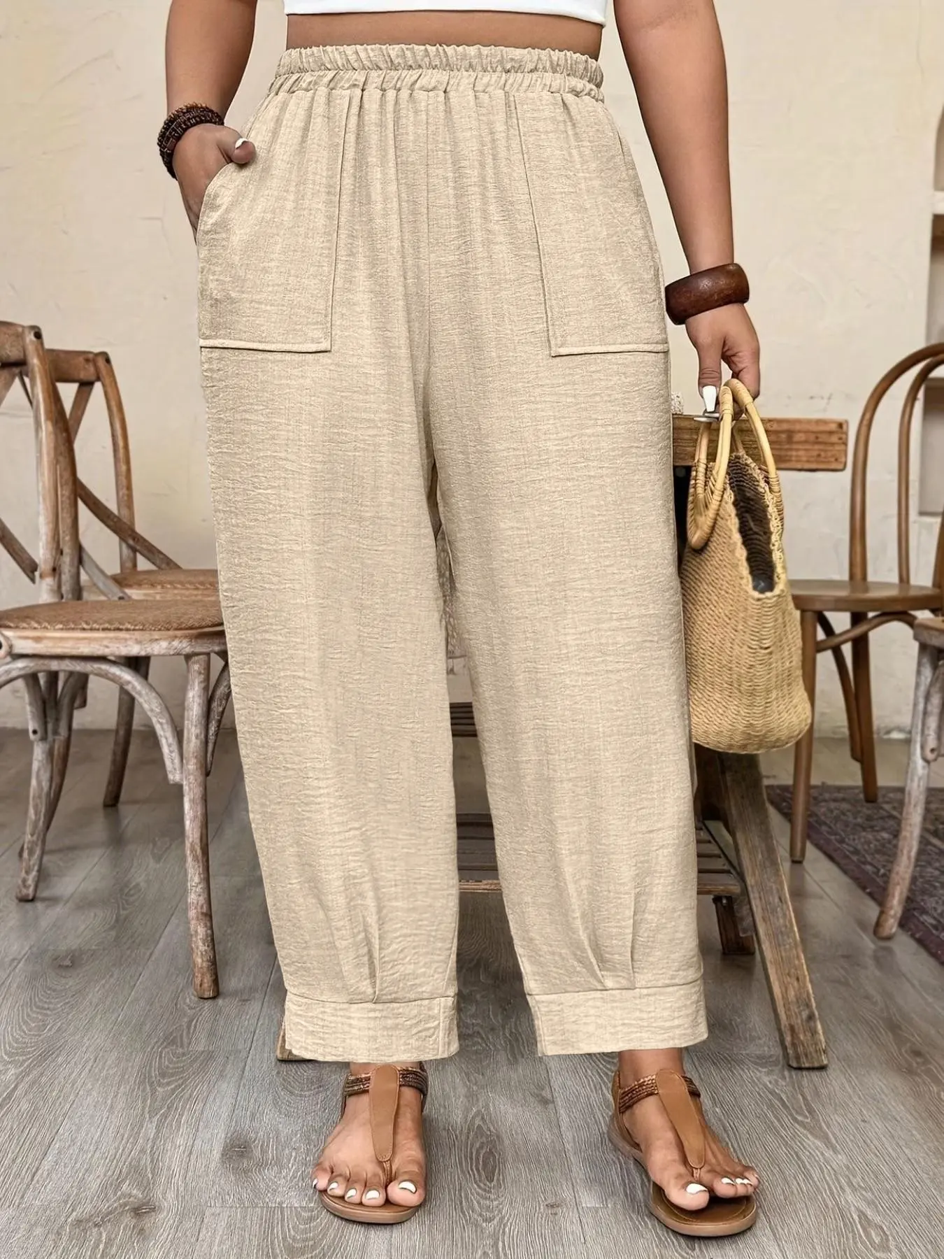 Plus Size Casual Elastic High-Waist Loose-Fit Trousers, Breathable Lightweight Fabric, Y2K Style Summer Outfits, Trendy Vacation & Daily Wear, Comfortable Work Casual Bottoms, Pants