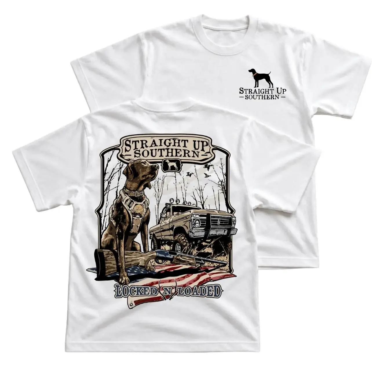 Straight Up Southern Hunting Dog T-Shirt, Southern Outdoor Country Graphic Tee, Pickup Truck Field Gear And American Flag Back Print Shirt, Front Chest Dog Logo Tee, Hunting Style Gift Shirt For Men And Women
