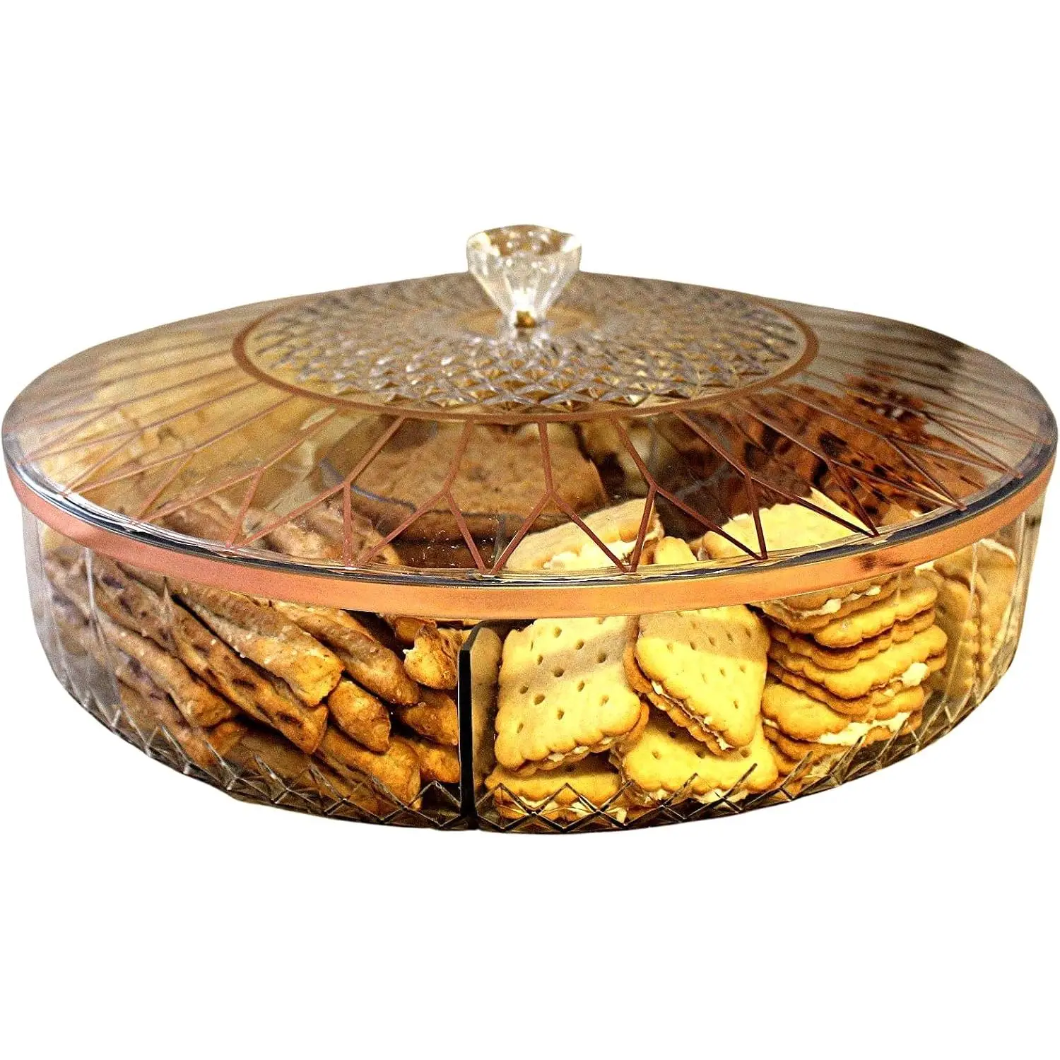 Clear Divided Snack Serving Tray with Lid – 6-Compartment Party Platter with Rose  Accent Lines for Candy, Fruit, Nuts, Chips, Appetizers & Desserts
