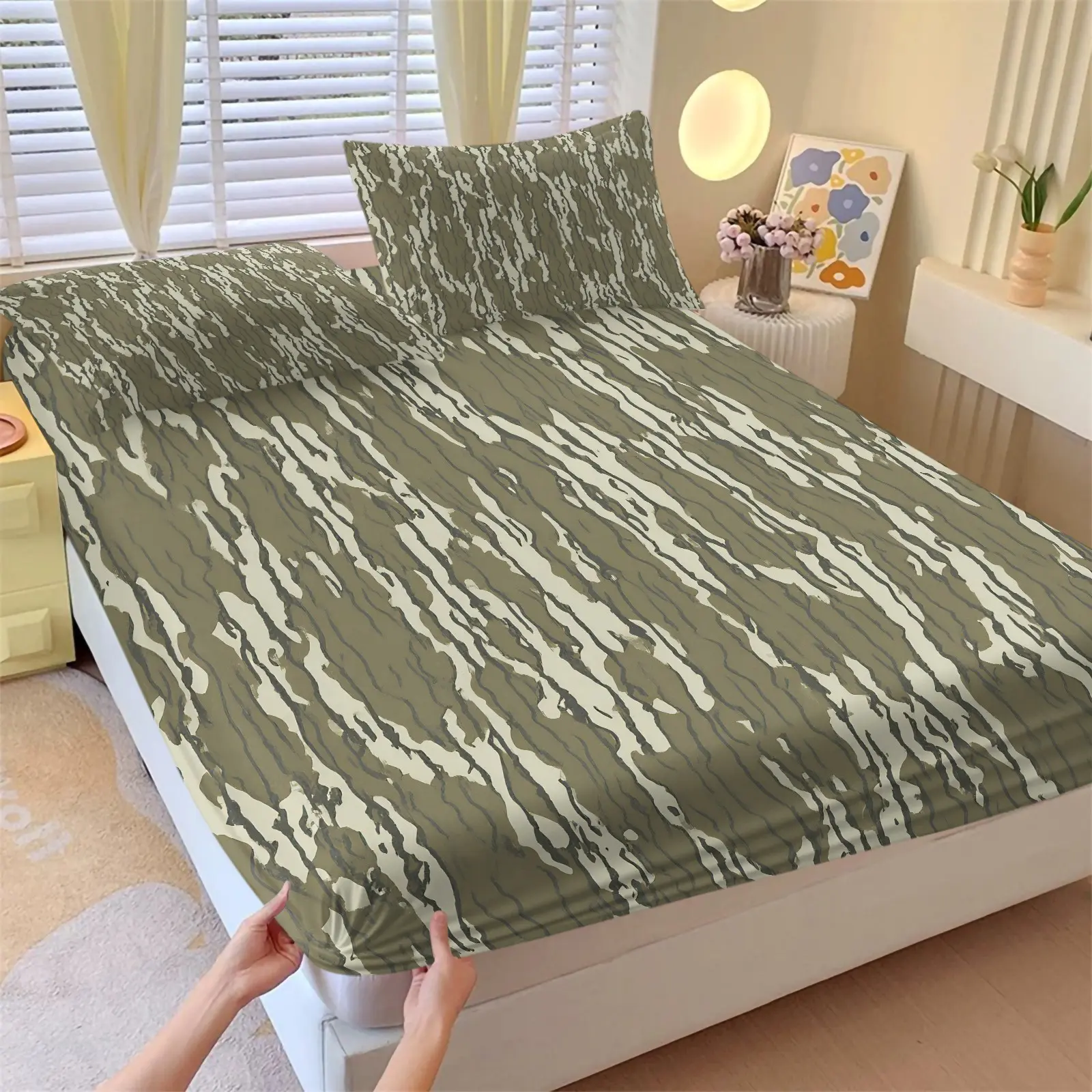 3pcs Retro Camouflage Fitted Sheet Set & 2 Pillowcases, Mossy Oak Style Camo Print in Earthy Tones, Soft Breathable Fabric, Deep Pocket Mattress Protector, Wrinkle-Resistant Bedding for Cabin & Guest Room, Bedsheet Sets, Bed Sheets Set, Bed Sets Supplies
