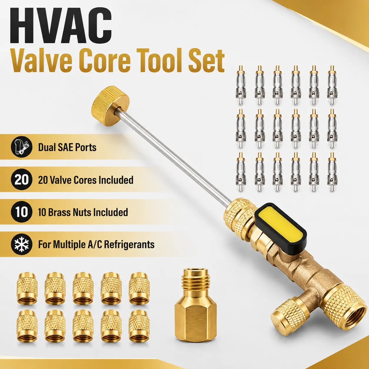 Heavy Duty Home A/C Refrigeration Valve Core Replacement Kit Set, 1/4 & 5/16 SAE Remover-Installer Tool with Teflon Seals, Brass Parts for Leak Proof Swap Service Work