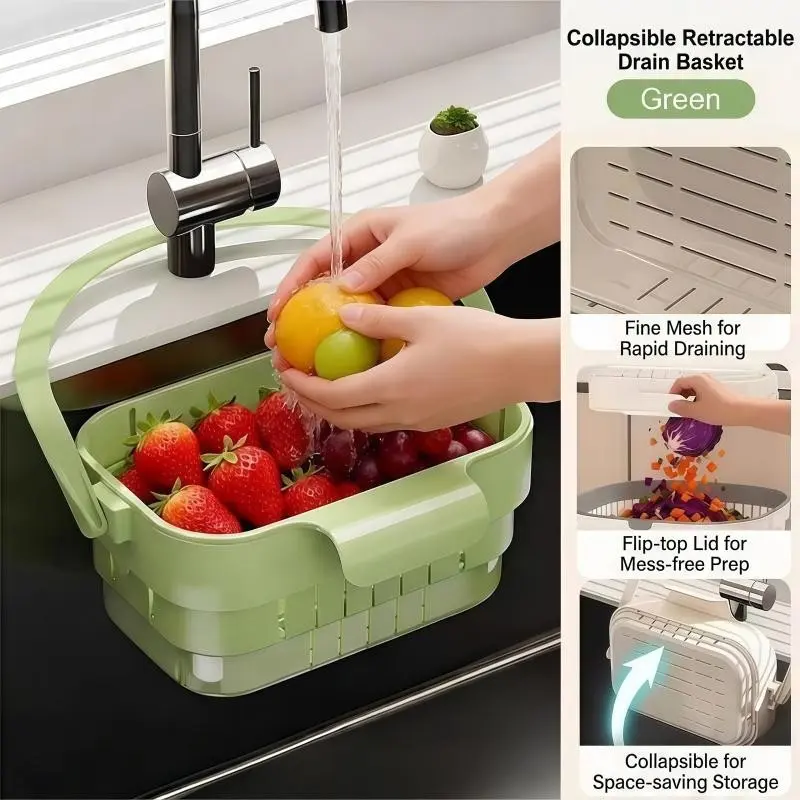 AA Foldable Hanging Kitchen Sink Drain Basket, Stainless Steel Kitchen Accessories - Hands-Free Hygienic Design, High-Efficiency Anti-Clog System, Tool-Free Installation, Slim Space-Saving, Easy-Clean, Low-Maintenance Strainer Kitchenware