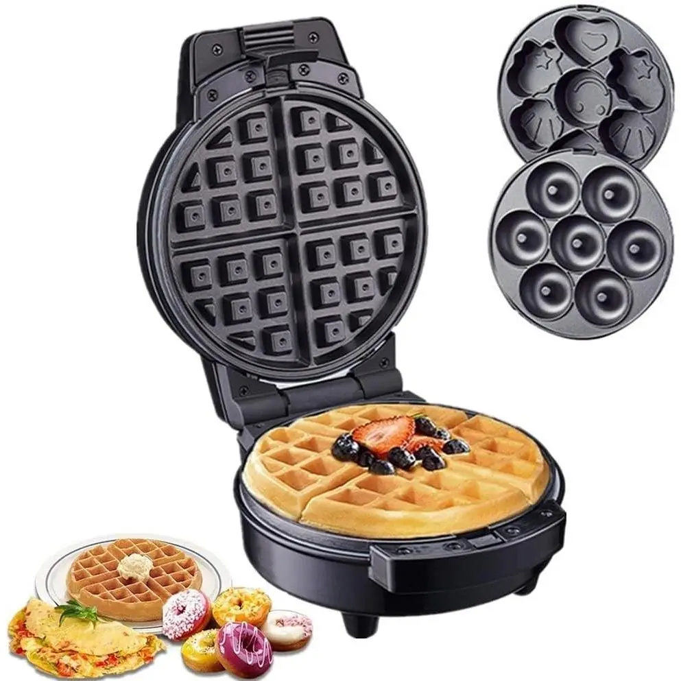 Donut Maker, 3 in 1 Electric Cartoon Snack Cake Machine，Waffle Sandwich Detachable Dessert Toaster, with 3 Removable Interchangeable Non Stick Plates, Breakfast Afternoon Tea Use