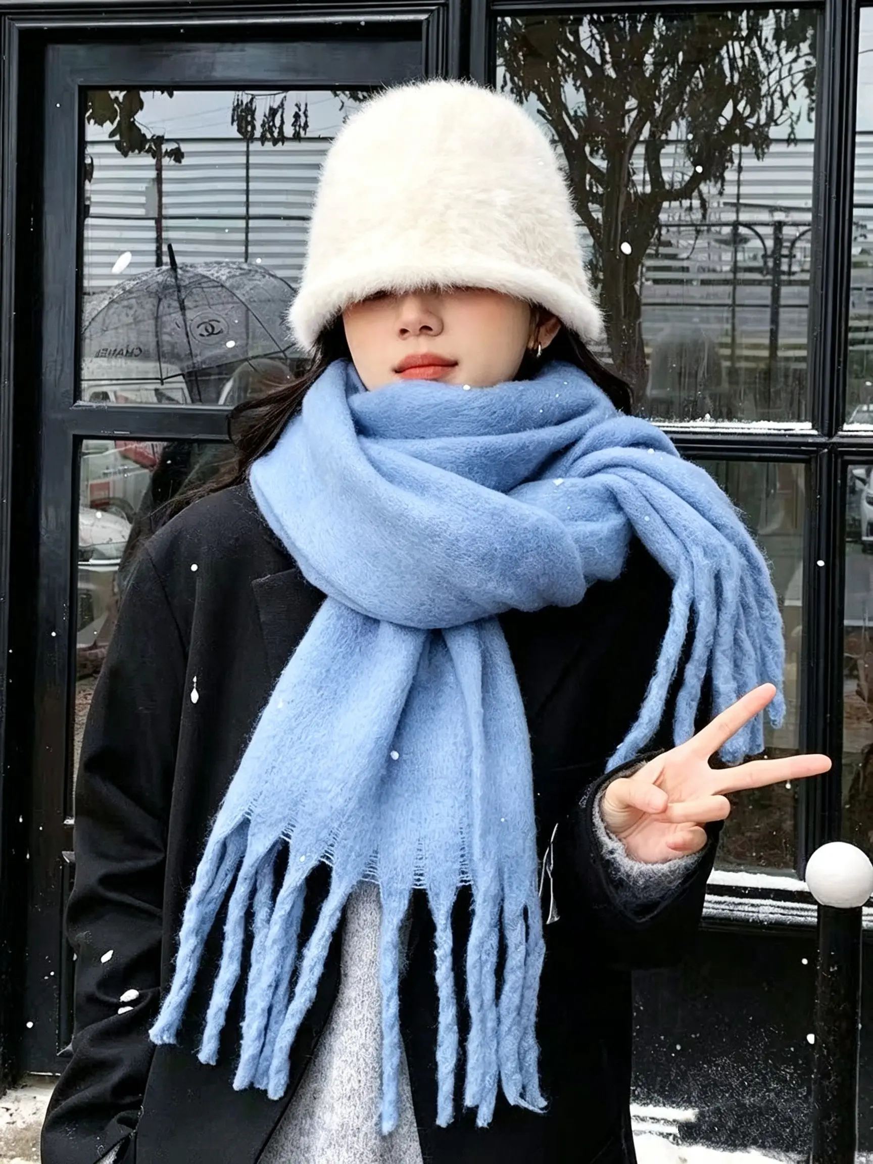Women's Light Blue Tassel Scarf, Soft Fluffy Long Neck Warmer, Warm Winter Fashion Accessory, Casual Plain Design