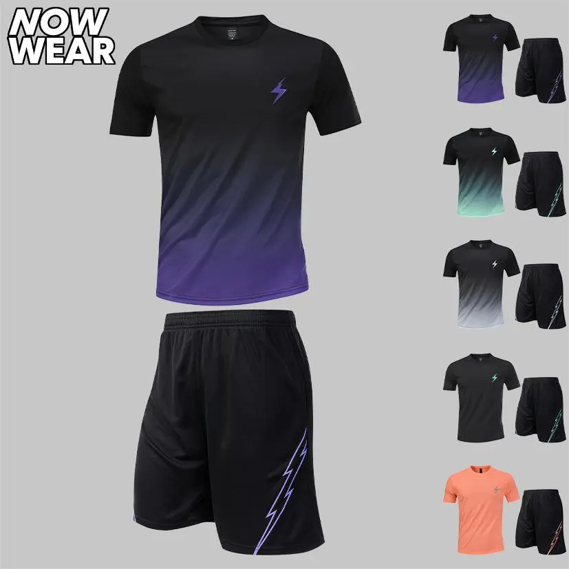 Men's 3PCS Workout Set, Quick Dry Athletic T-Shirt and Shorts, Moisture Wicking Gym Running Training Activewear Outfits, Breathable Gradient Sports Suit for Men