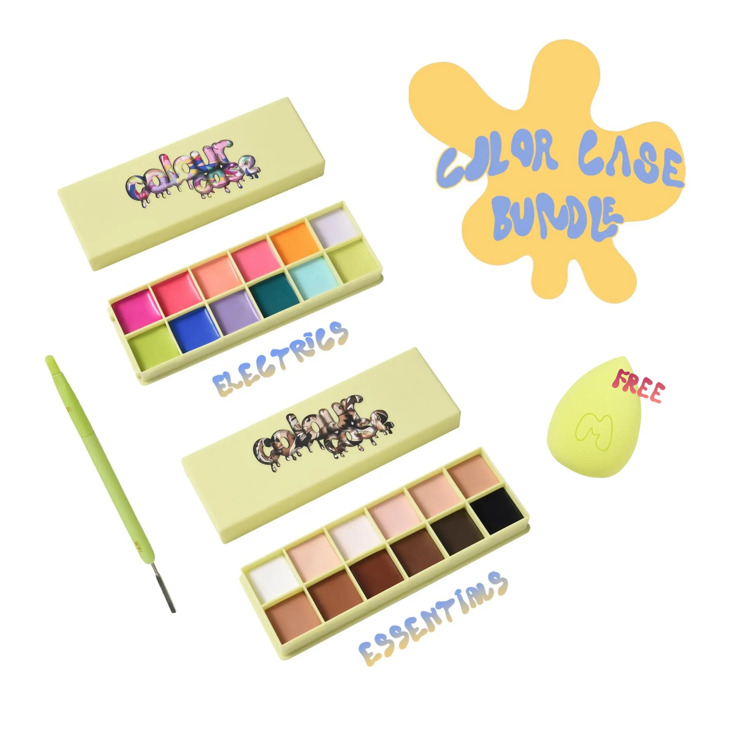 COLOUR CASE BUNDLE- ELECTRICS & ESSENTIALS COSMETIC PAINT PALETTE WITH 1PC SPONGE- MADE BY MITCHELL COLOUR CASE BUNDLE- ELECTRICS & ESSENTIALS COSMETIC PAINT PALETTE WITH 1PC SPONGE- MADE BY MITCHELL