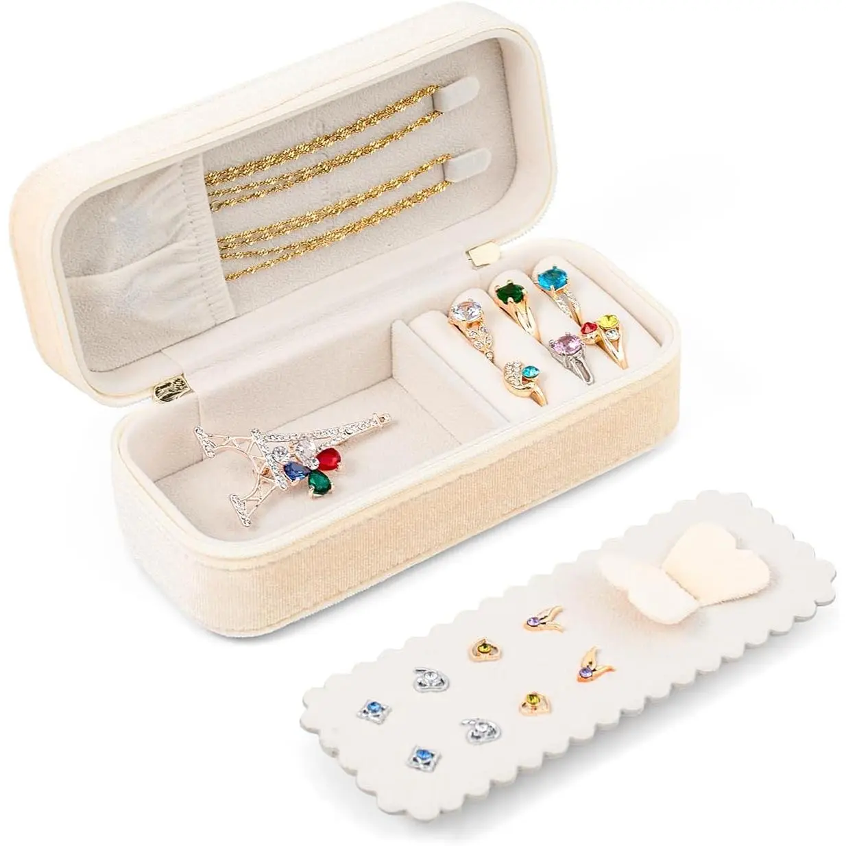 Small Travel  Box Organizer for Women with Plush  | Beige Portable Mini  Case Compact Storage Holder for Earrings Rings Necklaces Bracelets, Small Travel  Box
