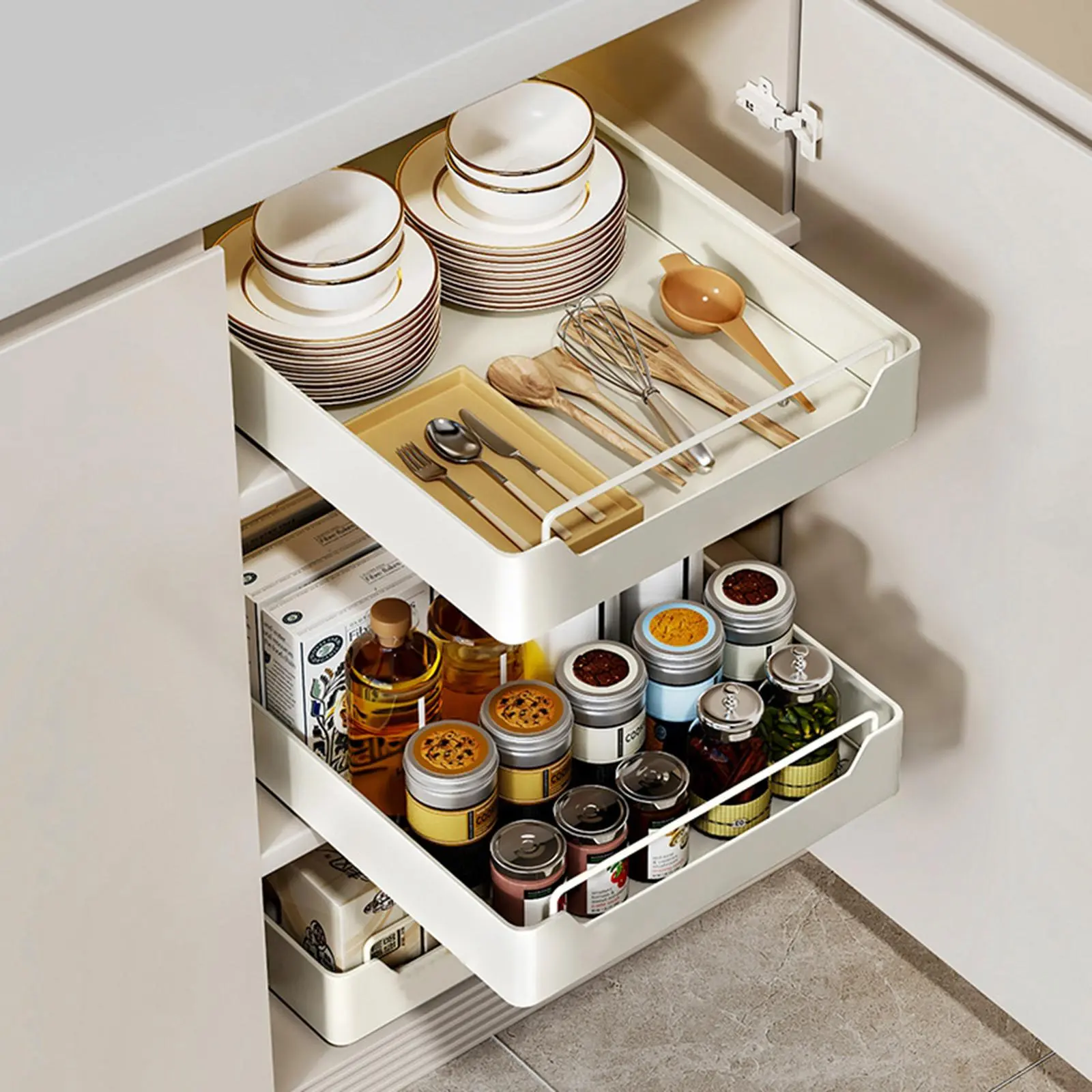 Heavy Duty Pull-Out Telescopic Kitchen Drawer Organizer – Expandable Sliding Cabinet Tray – Drill-Free Install – Space-Saving Storage Rack for Kitchen Cupboards