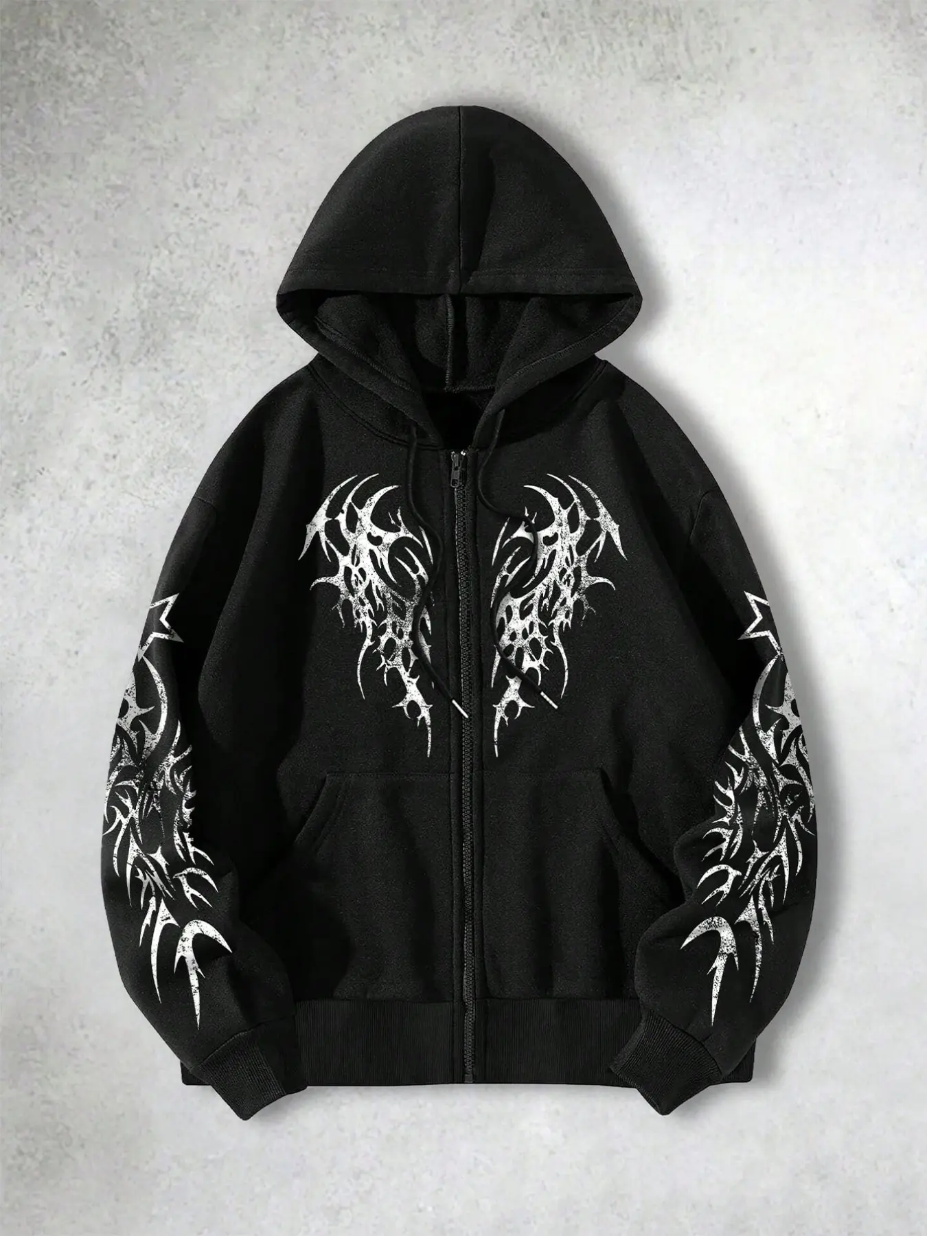 Black Men Y2K Dark Goth Punk Streetwear Zip‑Through Hoodie, Relaxed Full‑Zip Jacket With Distressed Demon Thorn Wings on Chest and Spiky Thorn Distressed Graphics on Both Sleeves, Durable Breathable Sweatshirt With Kangaroo Pockets for Urban Going‑Out Ska