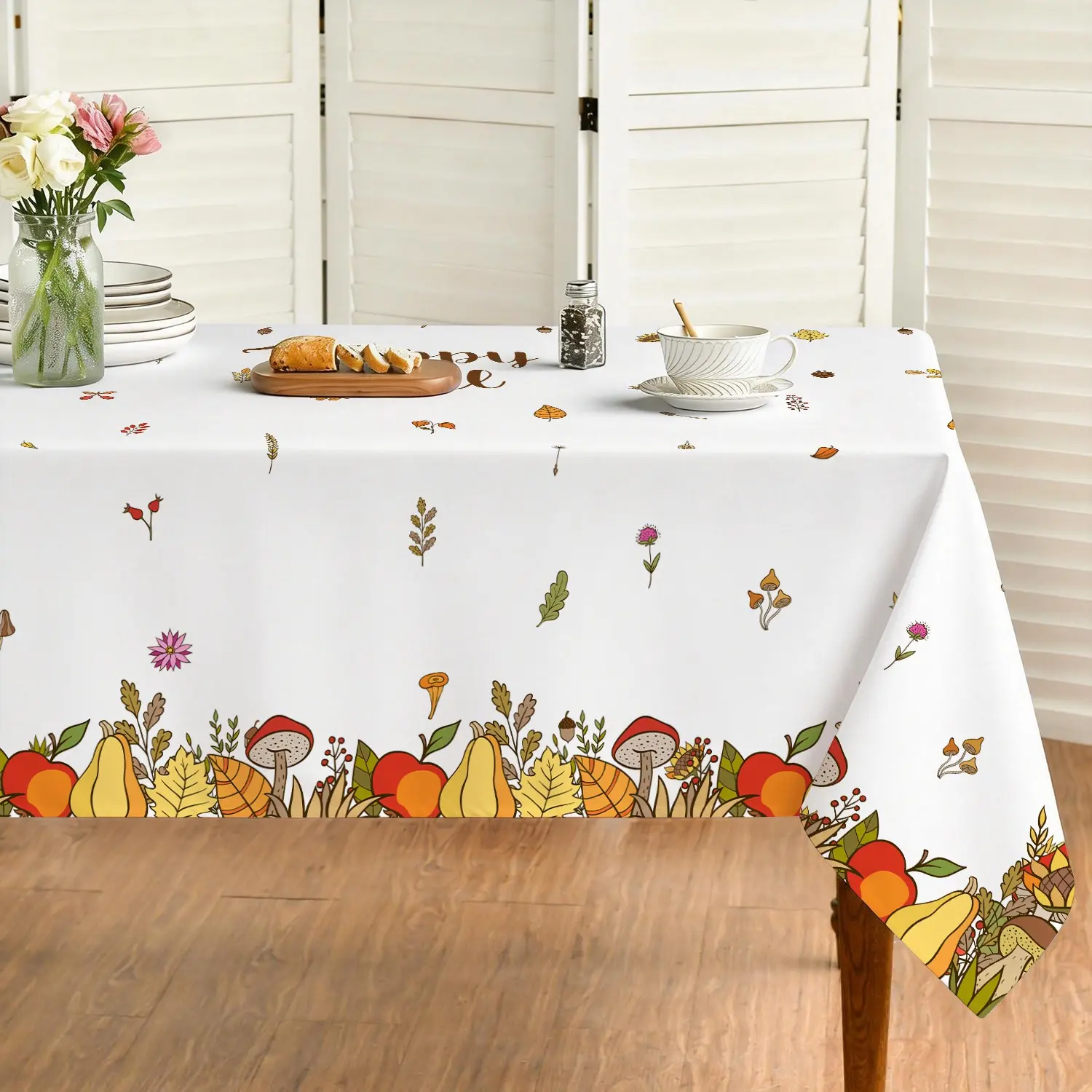 Autumn Thanksgiving Harvest Polyester Tablecloth, Washable Winter Dining Tablecloth, Home Kitchen Decor, Festival Decoration (1pc)