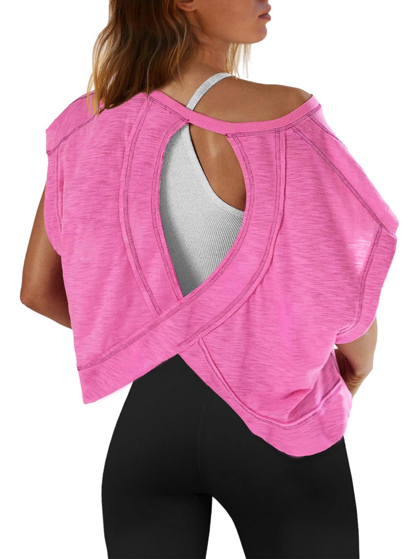 Renaishow Women's Open Back Workout Top Oversized Backless Athletic Short Sleeve T-Shirt for Gym & Casual Wear tiktokshopspringglowup