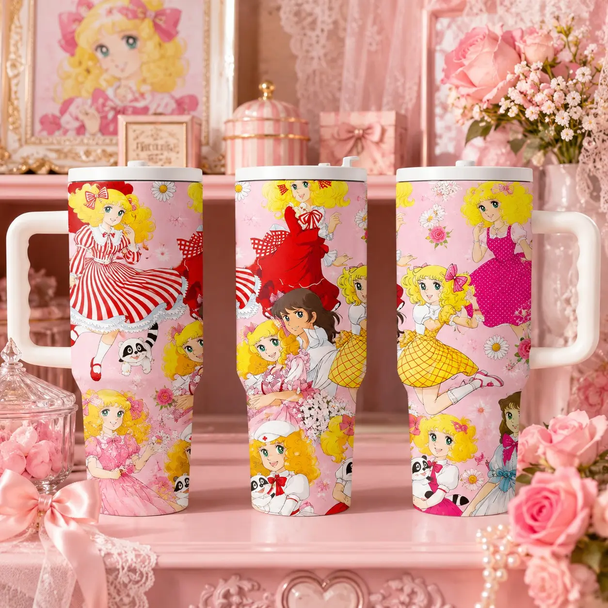 Anime Girl Tumbler 40oz, Cute Vintage Kawaii Character Cup, Insulated with Handle Lid Straw, Aesthetic Gift Drinkware
