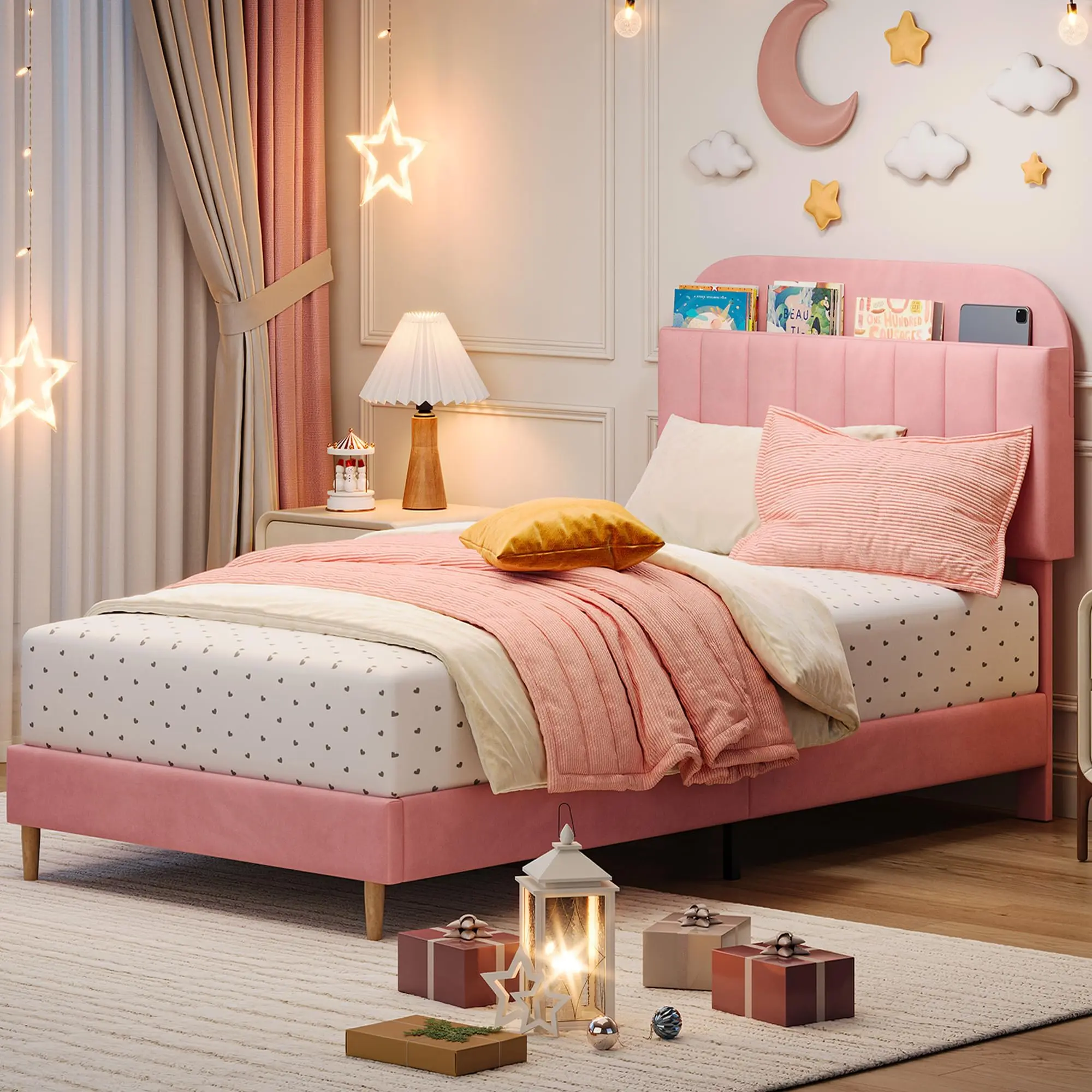 Velvet Upholstered Rectangular 1-Person Bed Frame with Bookshelf Headboard, Storage Organization, Durable Wooden Slats, Quiet Design, Easy Assembly for Bedroom Use