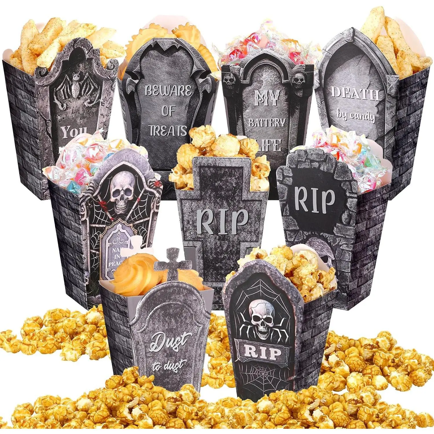 90 count 9 Styles Halloween Tombstone Popcorn Boxes Cardboard Popcorn Bags Snack Boxes  Bags for Candy Biscuits Party Favors