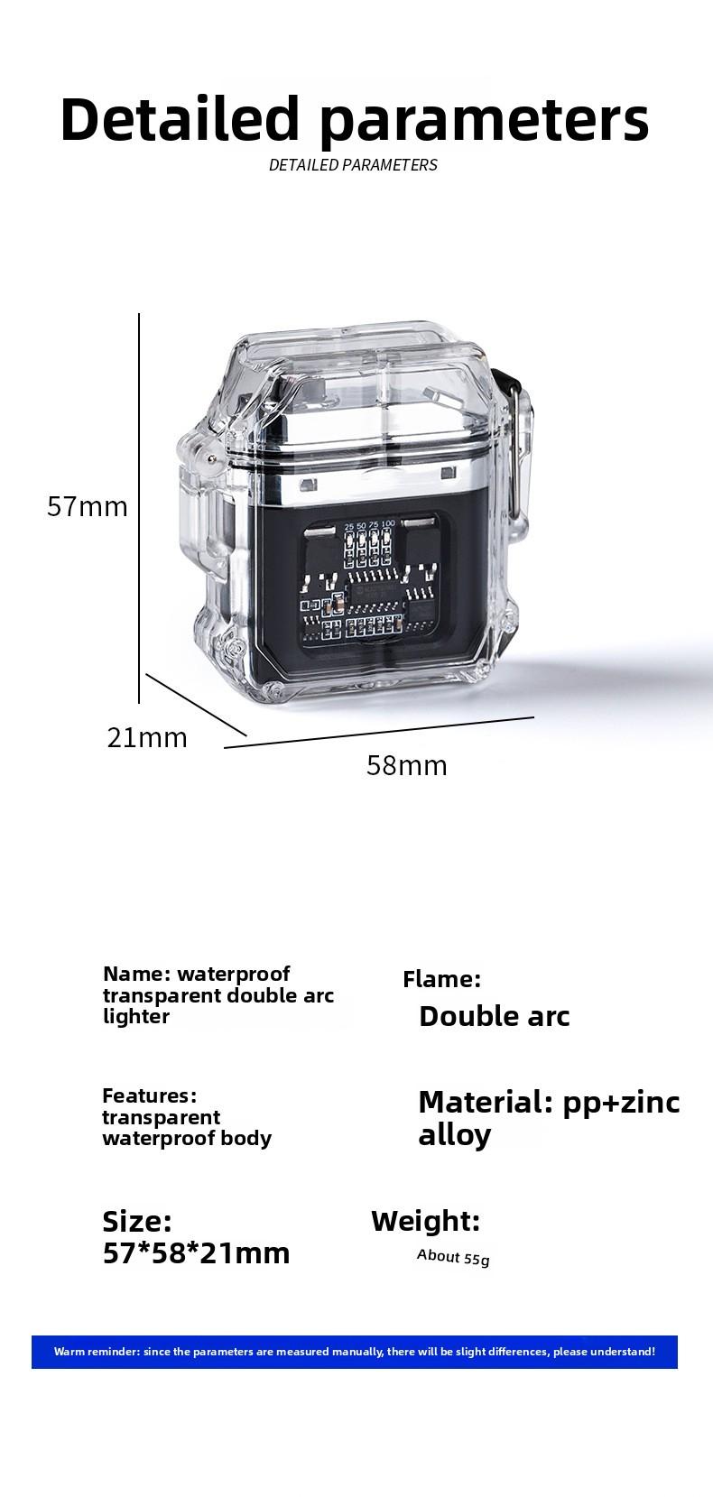 Transparent shell waterproof electronic pulse lighter, outdoor windproof lighter, waterproof dual arc lighter