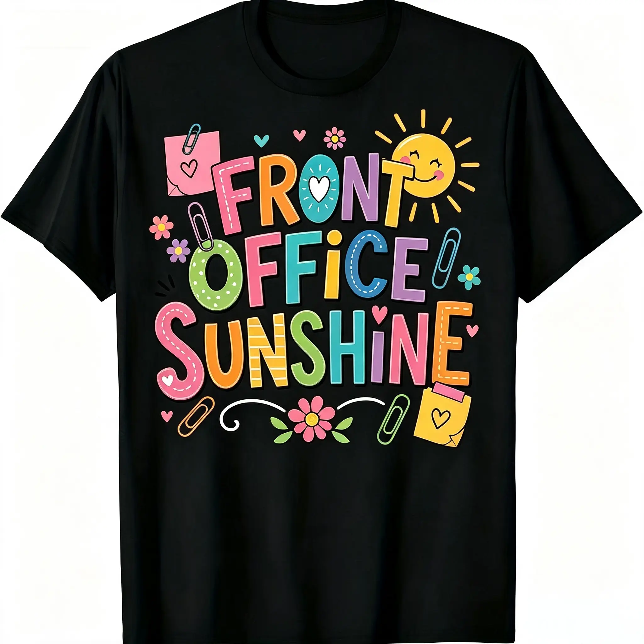 "Front Office Sunshine" Colorful Cute Stationary Unisex T-Shirt for Men & Women - Positive Receptionist Tee, Soft Cotton Crew Neck Short Sleeve, All-Season Comfort Top, Perfect for Daily Wear & Appreciation Gift, Machine Washable