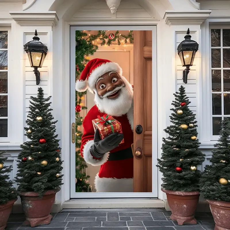 Attractive black Santa Claus curtain - festive Welcoming banner, vibrant Christmas scene, indoor and outdoor decorations, Christmas ornaments