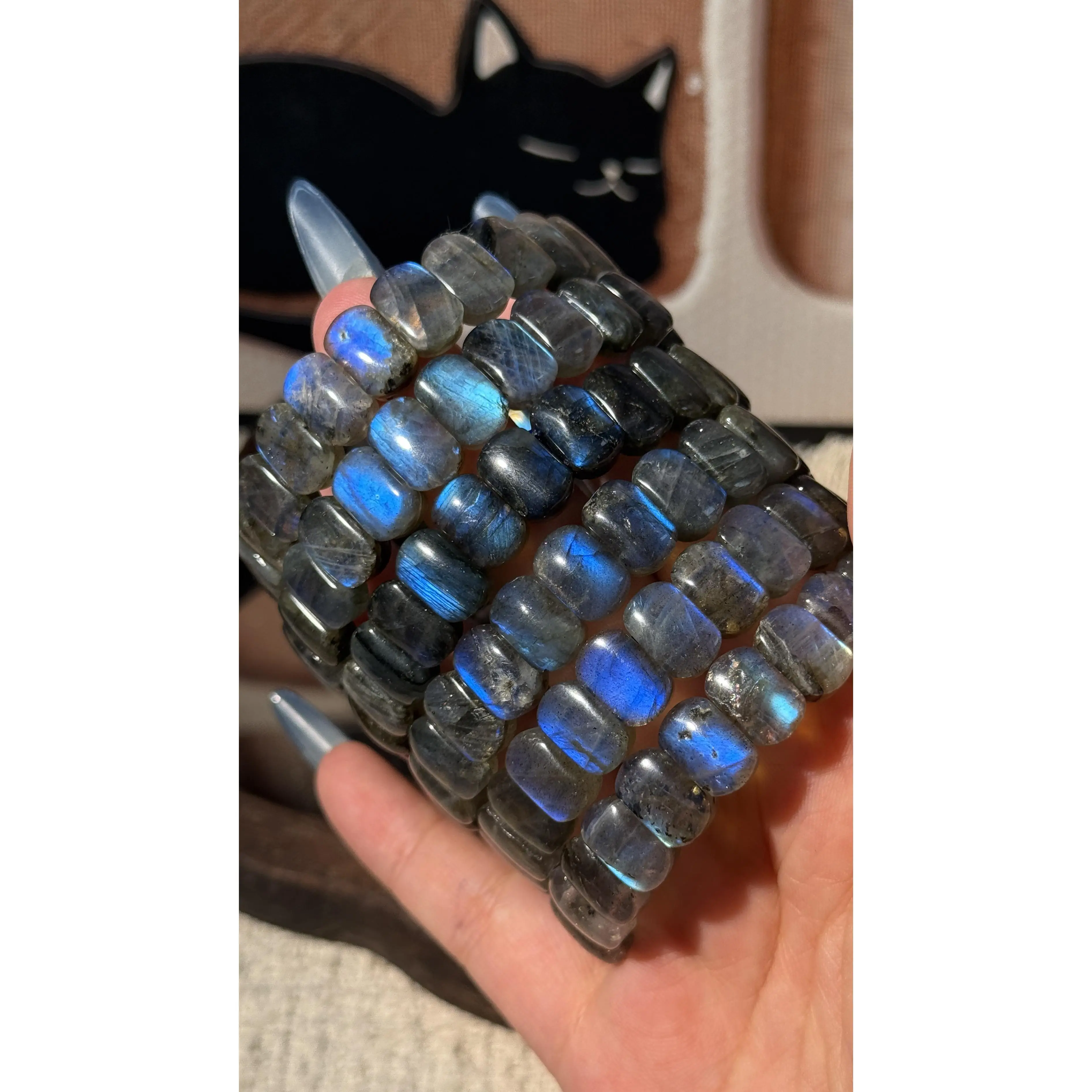 Natural Labradorite Oval Soft Bangle Bracelet - Rainbow & Blue Flash Gemstone Jewelry