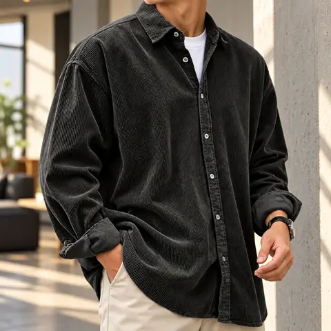 Menswear Casual Corduroy Shirt, Men's Oversized Long-Sleeve Button-Down for Fall Layering, Classic Collared Shirt, Relaxed Loose Cut for Daily Wear