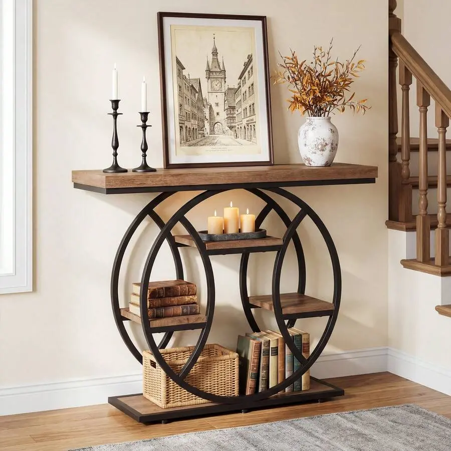 41.3'' Console Table, 4-Tier Entryway Table With Circle Metal Frame, Industrial Sofa Table With Storage Shelves, Wood Narrow Hallway Table Entrance, Living Room