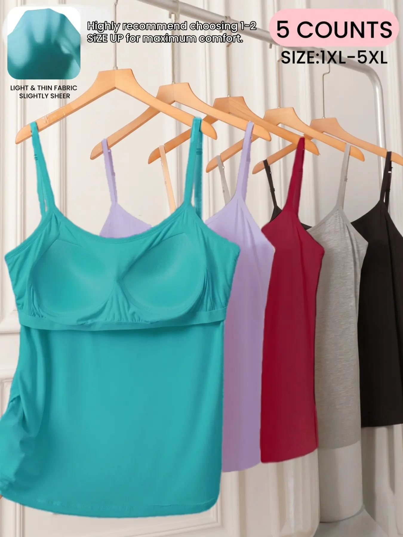 Plus Size Women's Adjustable Straps Cami Top with Built In Bra Pad, Soft Comfortable Summer Vest, Baisc Tanks Top, Slim Fit Casual Wear for Any Occasion,All Seasons