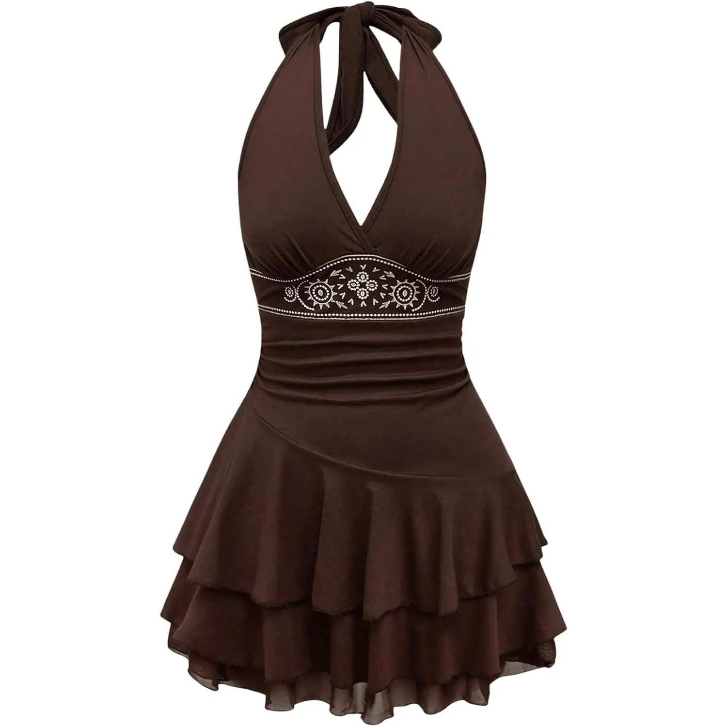 Women's Halter Backless Flowy Western Dress Sleeveless Ruched Cowgirl Short Summer Dress