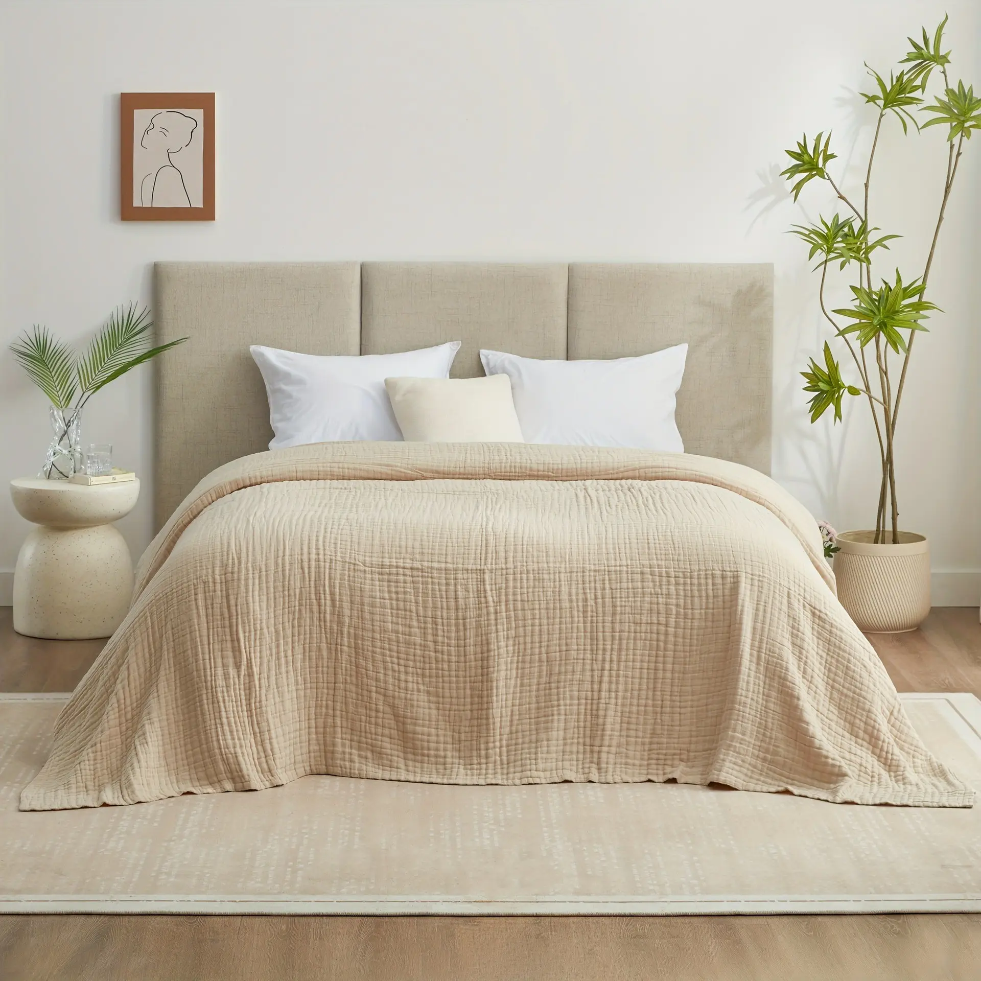 King & Queen Size Solid Color Thin Quilt Bed Cover Blanket, Six-Layer Mesh Material, Breathable Quick-Dry Fabric, Easy-To-Clean Thin Quilt, Ideal for Bedroom, Guest Room, Hotel