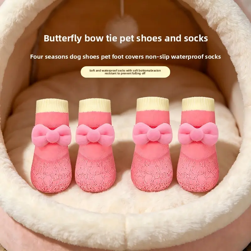 4pcs Pet Shoe Set: New And Adorable Bowknot-Style Boots. Dustproof, Secure-Fit, And Silent Footwear for Cats And Dogs - Featuring Anti-Loss Straps for a Secure Hold. Socks for Small Dogs And Cats - Protect Your Beloved Pet, Starting from Their Paws