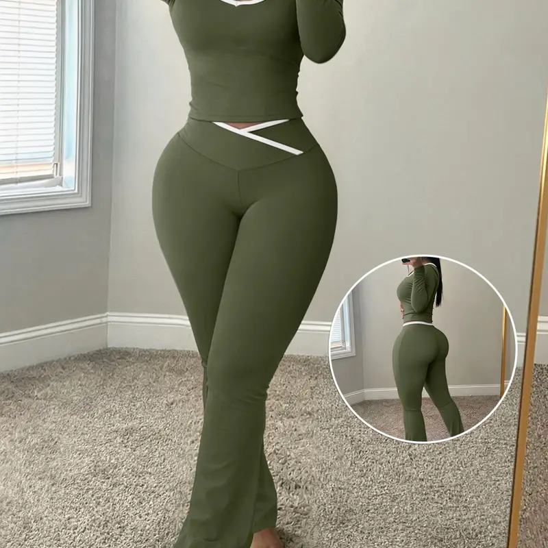 LW Sherowear Women's 2-Piece Lounge Set, Color-Block Trim Long-Sleeve Crop Top and High-Waisted Flare Pants, Fall/Winter Casual Outfit