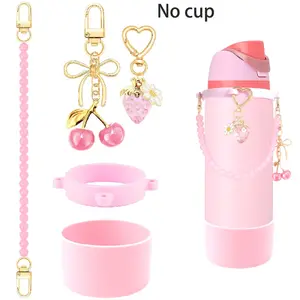 5pcs Tumbler Accessories Set for 16oz 19oz 40oz 30oz Cups, Silicone Protective Boot, Handle Bead Chain, Cherry Strawberry Charm, Cup Decor Kit